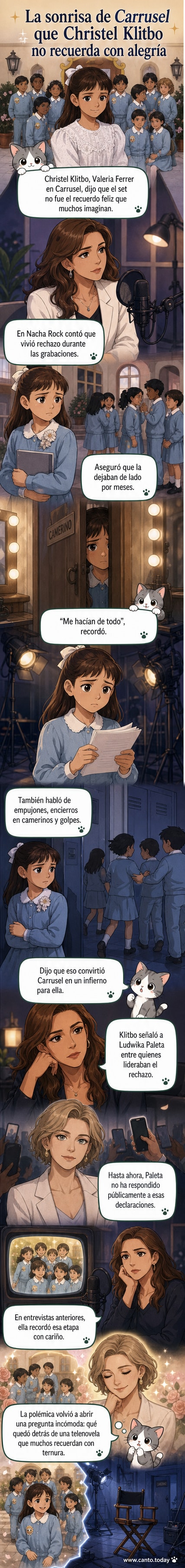 Ilustración de dos actrices infantiles de 'Carrusel' en un camerino, una de espaldas y la otra mirando hacia abajo, con expresión de tristeza.