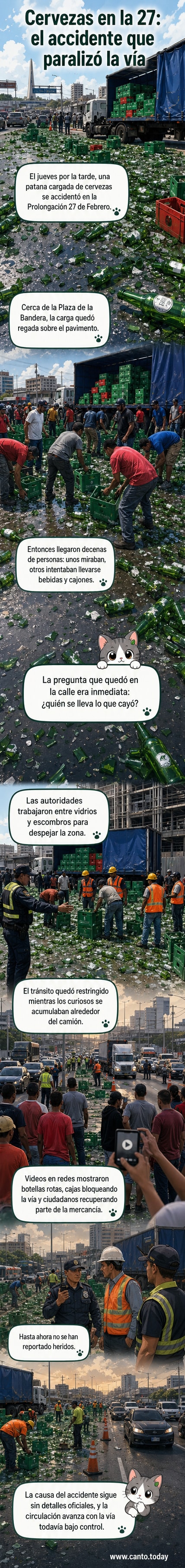 Camión volcado en medio de una avenida con cajas de cerveza esparcidas y personas recogiéndolas mientras el tráfico está detenido.