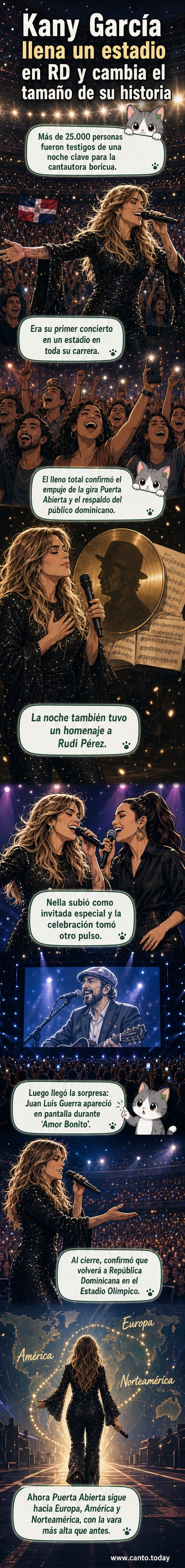Kany García canta en un escenario bajo luces brillantes, con una multitud emocionada en el estadio Olímpico de República Dominicana.