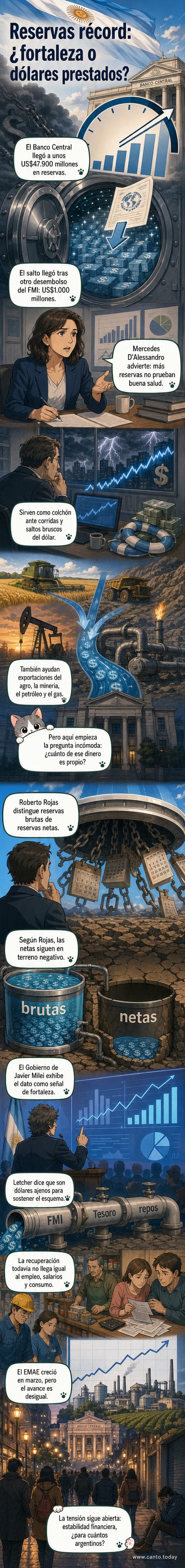Gráfico animado de reservas del Banco Central de Argentina alcanzando un pico, con símbolos de dólares y advertencias de deuda en segundo plano.