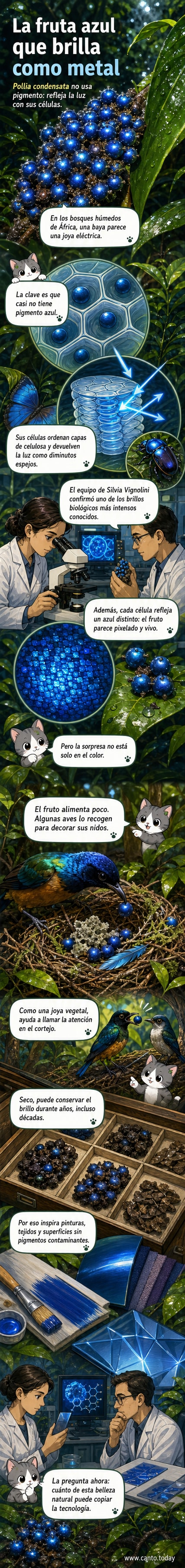 Ilustración de pequeñas bayas azules metálicas brillando intensamente en un racimo, con un fondo de hojas tropicales. Un pájaro observa una de ellas, mientras rayos de luz azul se reflejan en su superficie como si fuera un espejo.