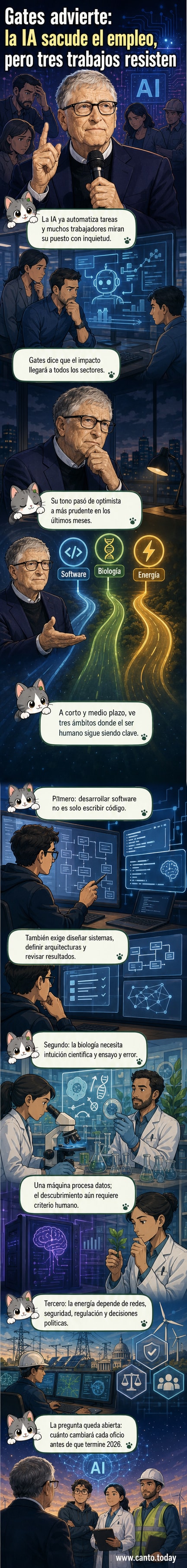 Ilustración de Bill Gates señalando tres sectores: programación, biología y energía, con símbolos de código, microscopio y redes eléctricas, mientras una IA observa al fondo.