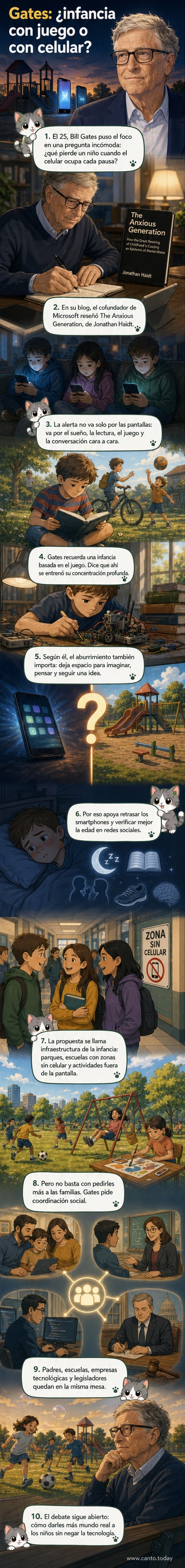 Ilustración de un niño jugando en un parque sin celulares, mientras Bill Gates observa con expresión reflexiva.