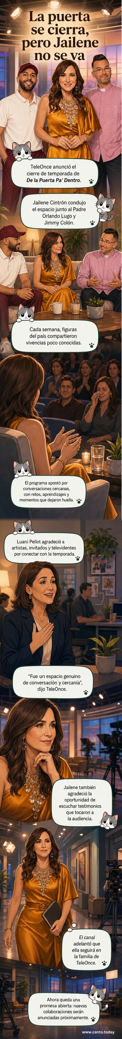 Póster del programa 'De la Puerta Pa’ Dentro' con las siluetas de Jailene Cintrón, el Padre Orlando Lugo y Jimmy Colón, rodeados por frases como 'historias reales' y 'conexión humana'.