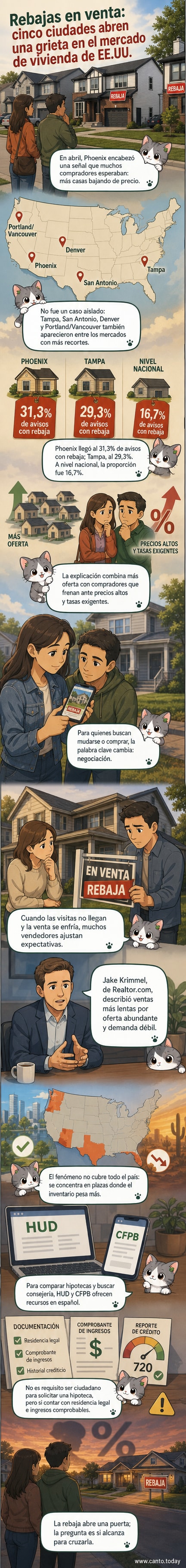 Ilustración de una casa con una etiqueta de precio bajando, sobre fondo urbano con ciudades como Phoenix y Tampa destacadas.