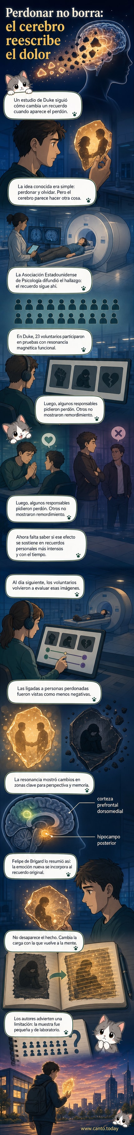 Ilustración de un cerebro con áreas resaltadas: corteza prefrontal dorsomedial y hipocampo posterior, mostrando cómo se actualiza un recuerdo doloroso al perdonar.