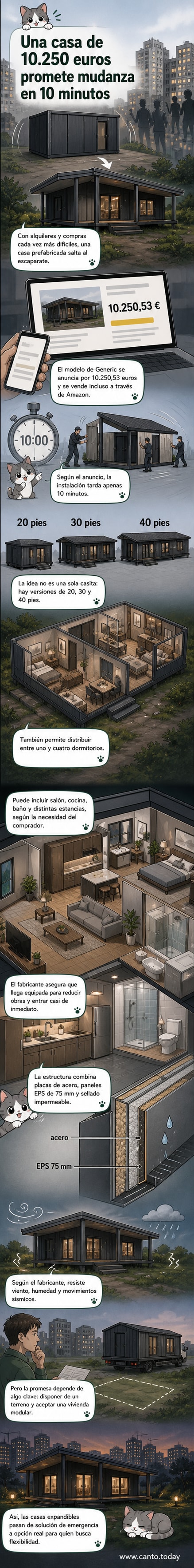 Ilustración de una casa prefabricada modular de acero, lista en minutos, con estructura expandida y mobiliario interior visible.