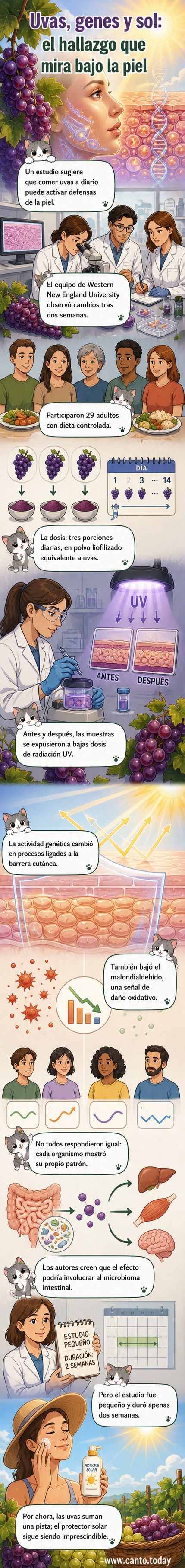 Ilustración de una persona comiendo uvas mientras una capa protectora se forma sobre su piel, con detalles moleculares y rayos UV bloqueados.