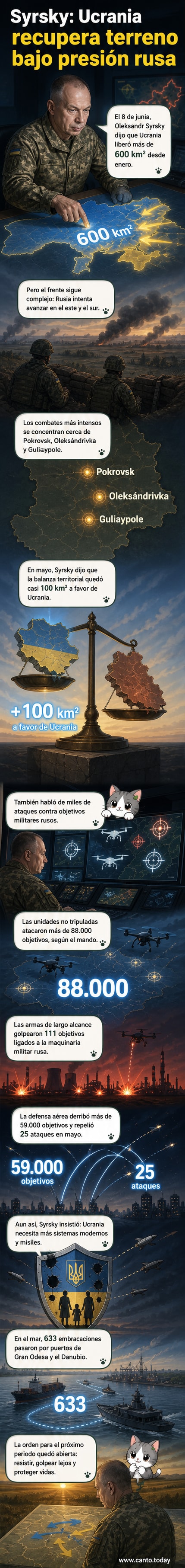 Mapa esquemático del frente en Ucrania con zonas de avance ucraniano destacadas, junto a iconos de drones, defensa aérea y buques marítimos.