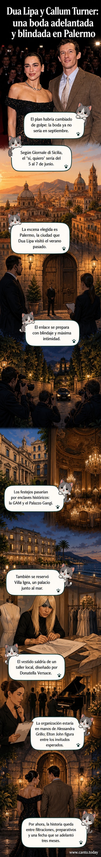 Ilustración de Dua Lipa y Callum Turner en una ceremonia nupcial en un palacio histórico de Palermo, rodeados de detalles de lujo y seguridad discreta.