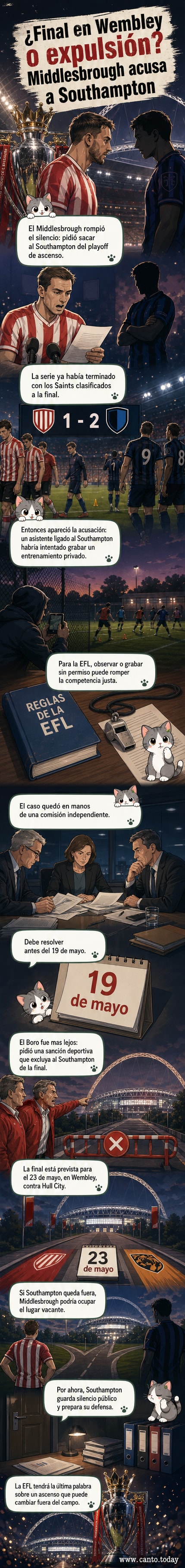Ilustración de un estadio de fútbol con dos jugadores discutiendo, mientras un técnico graba en secreto con un teléfono detrás de una barrera de entrenamiento.