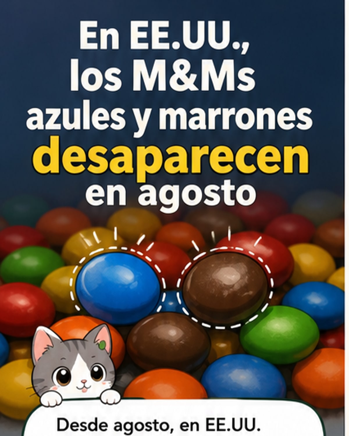 Ilustración de una bolsa de M&Ms con los colores amarillo, verde, rojo y naranja, mientras los M&Ms azules y marrones se desvanecen en el fondo, simbolizando su salida del mercado estadounidense.
