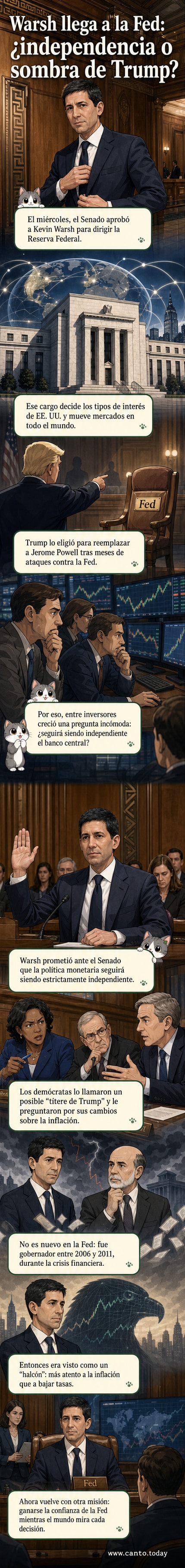 Ilustración de Kevin Warsh de traje, sentado en una oficina con el logo de la Reserva Federal al fondo, mirando serio hacia la cámara, con gráficos de tasas de interés y economía en pantallas alrededor.