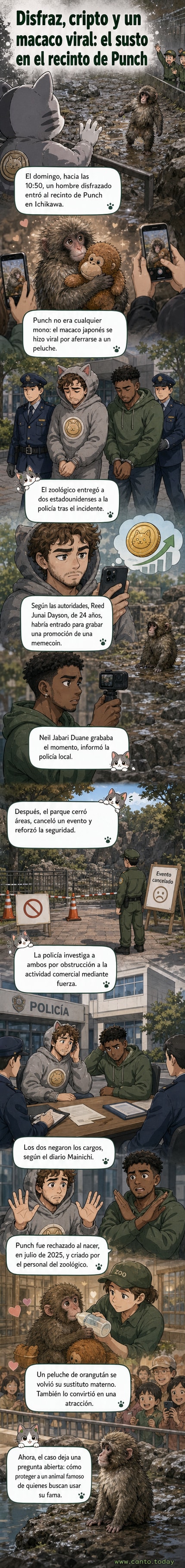Ilustración de dos personas disfrazadas intentando entrar al recinto de un mono en un zoológico japonés, con carteles de alerta y personal observando.