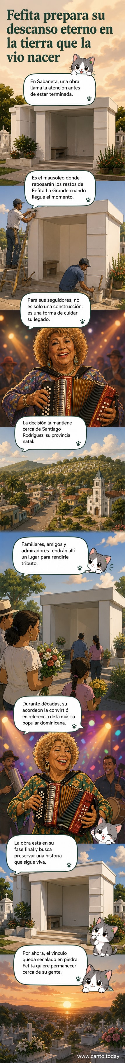 Ilustración de Fefita La Grande junto al diseño de su mausoleo en construcción, rodeado de elementos del merengue típico y el paisaje de Santiago Rodríguez.
