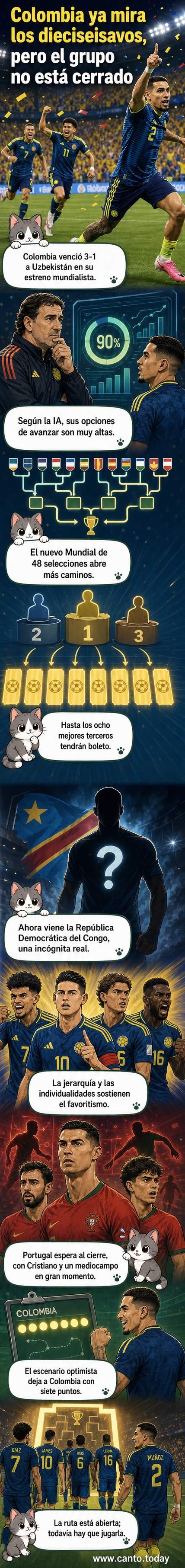 Ilustración de jugadores de Colombia celebrando un gol contra Uzbekistán en el Mundial 2026, con gráficos de probabilidades de clasificación al fondo.