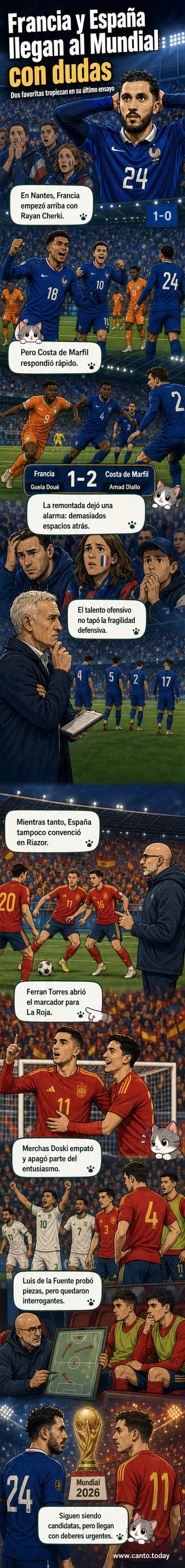 Ilustración de jugadores de Francia y España en entrenamiento, con expresiones de concentración y preocupación, bajo un cielo nublado que simboliza las dudas previas al Mundial 2026.