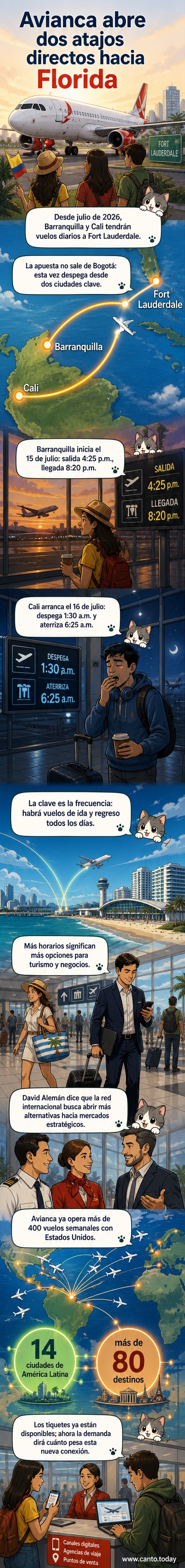 Ilustración de un avión de Avianca volando sobre un mapa que conecta Barranquilla y Cali con Fort Lauderdale, con fechas y horarios destacados.