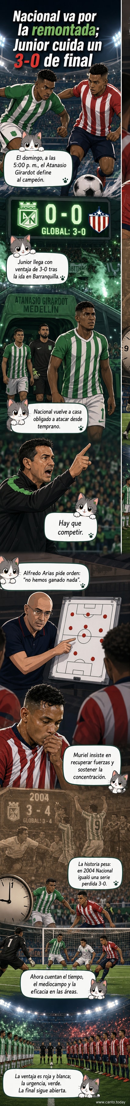 Ilustración de dos equipos de fútbol enfrentándose en un estadio lleno, con los colores verde de Atlético Nacional y rojo de Junior visibles en las camisetas.