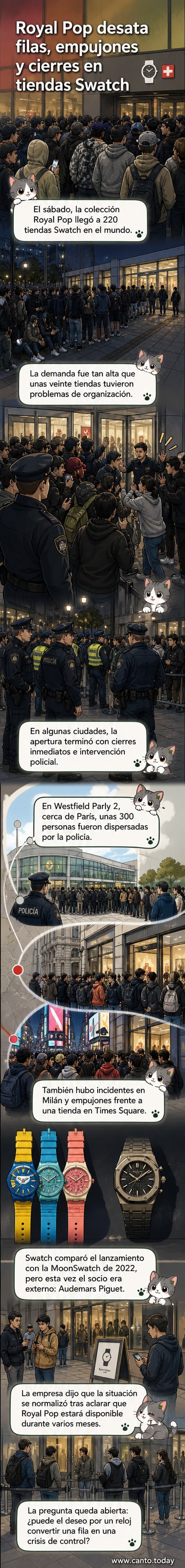 Ilustración de una multitud aglomerada frente a una tienda Swatch con carteles de Royal Pop, policía interviniendo y personas con relojes en alto.