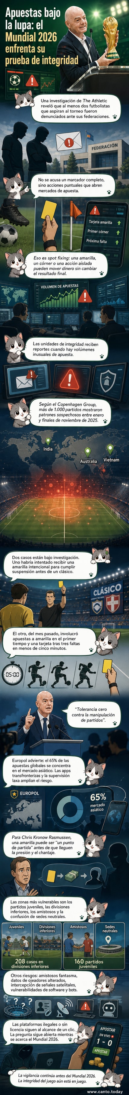 Ilustración de un estadio de fútbol con sombras de apuestas alrededor, mostrando tarjetas amarillas y gráficos de datos flotantes que simbolizan la manipulación de partidos.