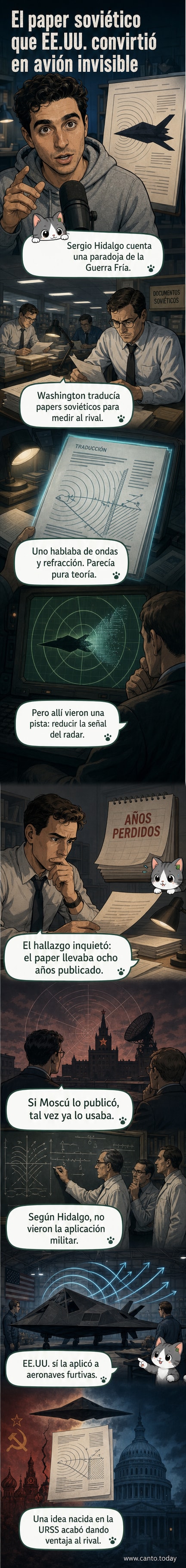 Ilustración de un avión furtivo volando sobre un radar con señal débil, al lado de un científico soviético revisando ecuaciones y un ingeniero estadounidense aplicando el diseño.
