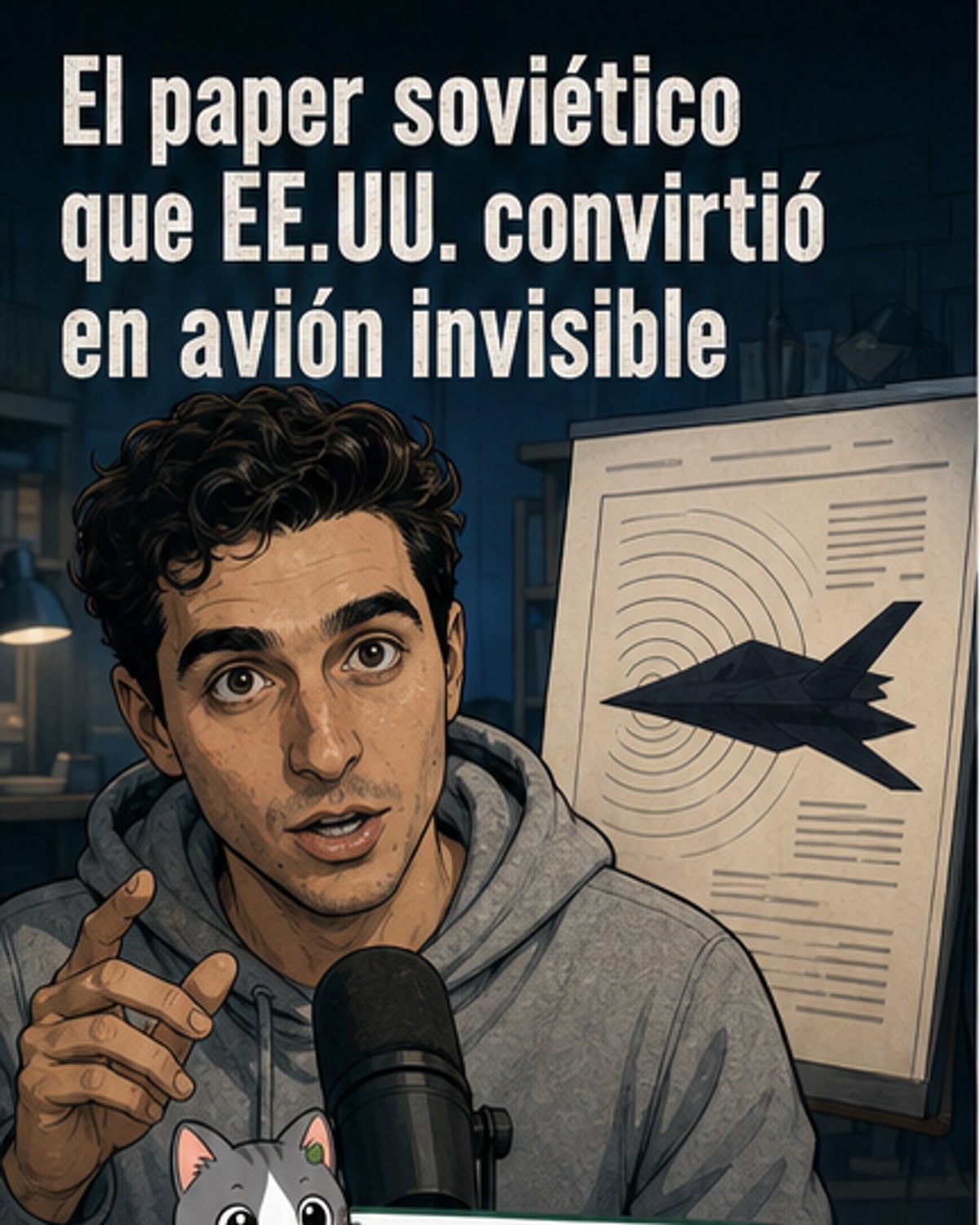 Ilustración de un avión furtivo volando sobre un radar con señal débil, al lado de un científico soviético revisando ecuaciones y un ingeniero estadounidense aplicando el diseño.