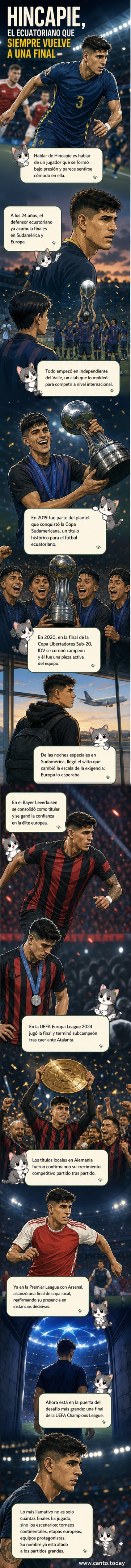 Ilustración de Piero Hincapié defendiendo en un partido de Champions League, con escenas de su trayectoria en Independiente del Valle, Bayer Leverkusen y Arsenal.