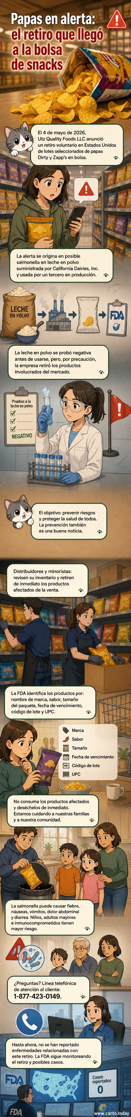 Ilustración de bolsas de papas fritas con advertencia de retiro por posible contaminación con salmonella.