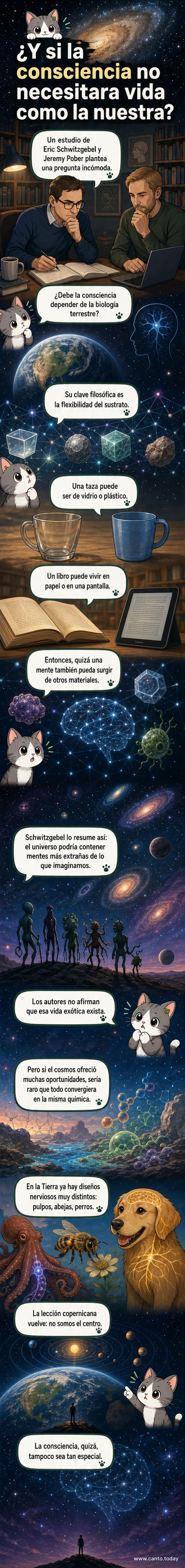 Ilustración conceptual de una mente flotando entre estructuras no orgánicas, como circuitos y cristales, bajo un cielo estrellado.