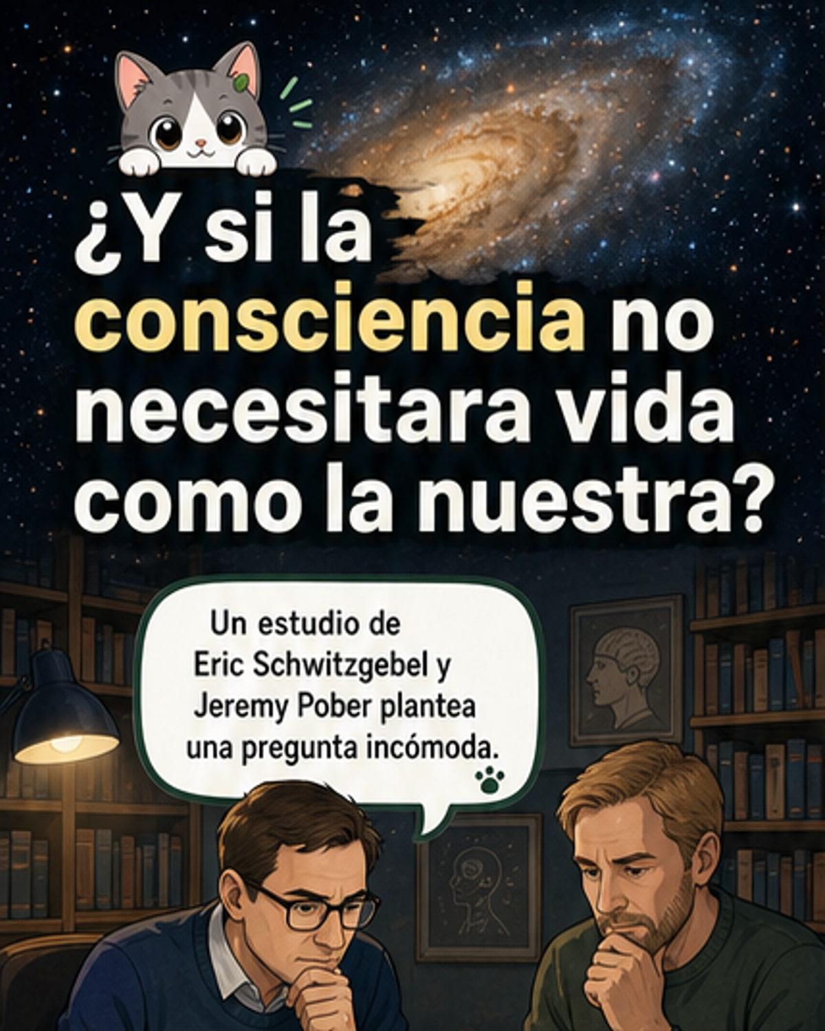 Ilustración conceptual de una mente flotando entre estructuras no orgánicas, como circuitos y cristales, bajo un cielo estrellado.