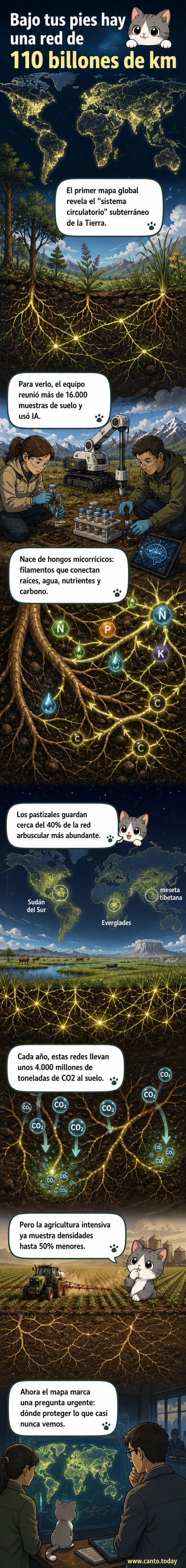 Ilustración de una red subterránea de hifas de hongos micorrícicos extendiéndose entre raíces de plantas, con escala comparativa a la distancia Tierra-Sol