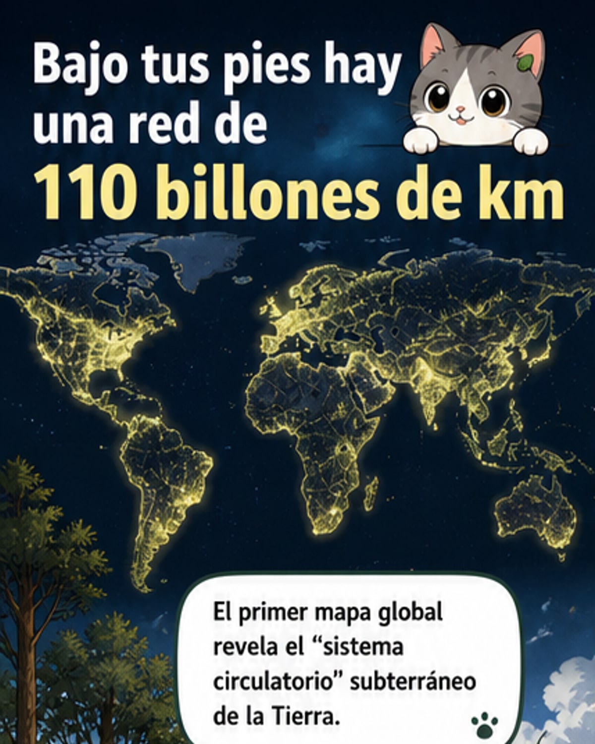 Ilustración de una red subterránea de hifas de hongos micorrícicos extendiéndose entre raíces de plantas, con escala comparativa a la distancia Tierra-Sol