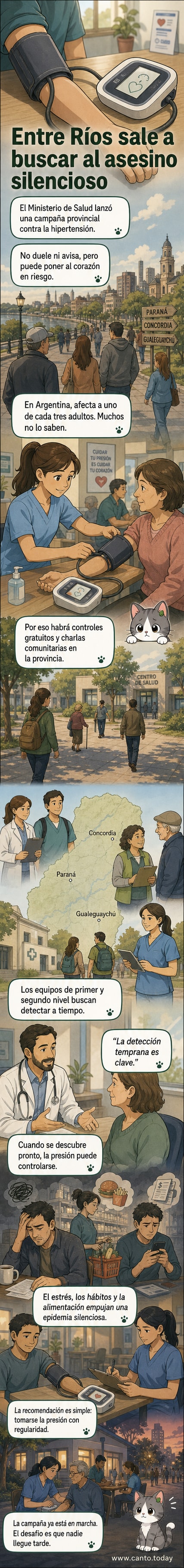 Ilustración de una persona midiendo su presión arterial en un centro de salud, con fondo de ciudades entrerrianas y carteles de concientización sobre hipertensión.