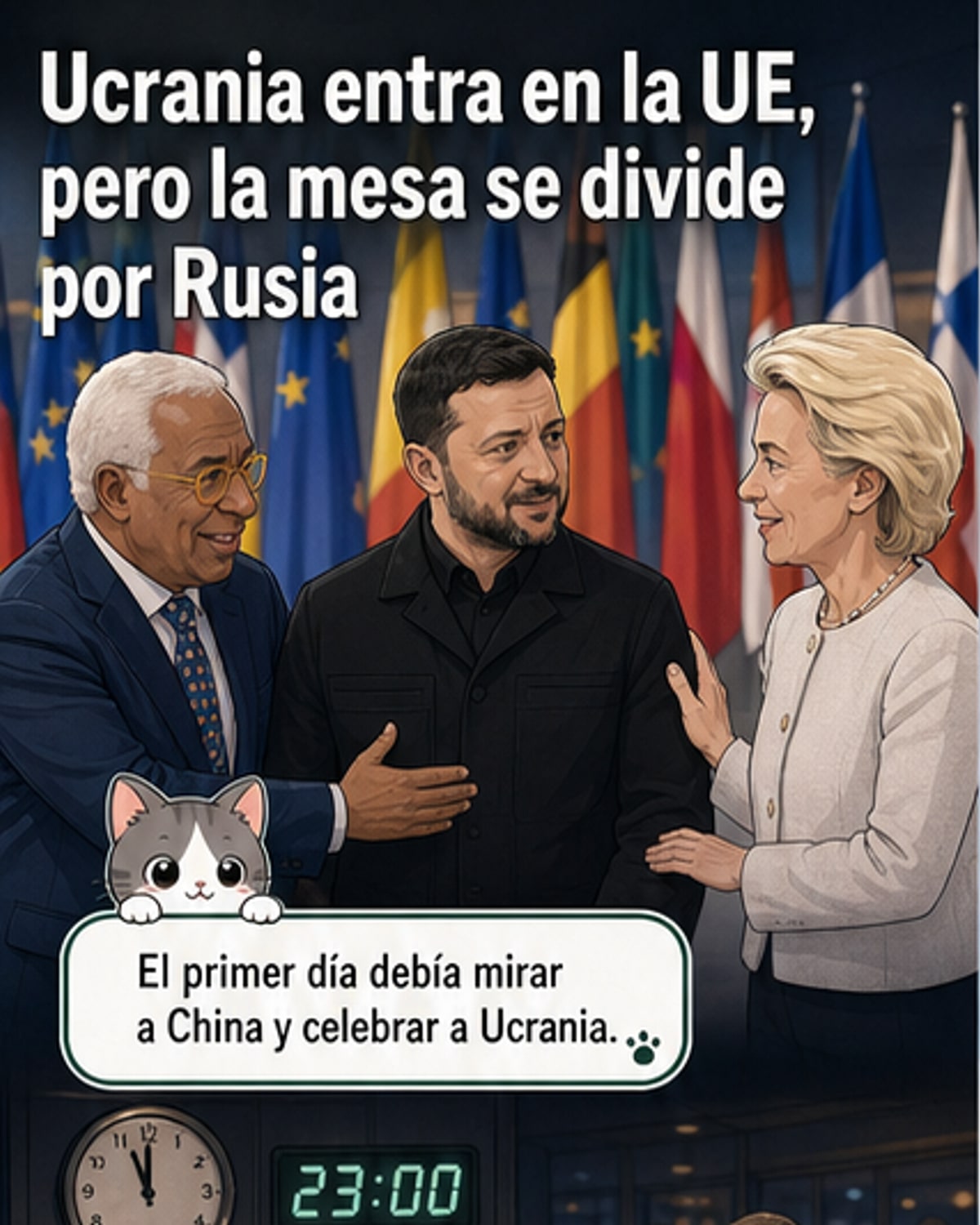 Líderes europeos en discusión durante una cumbre, con mapas de Europa y banderas de la UE y Ucrania en el fondo.