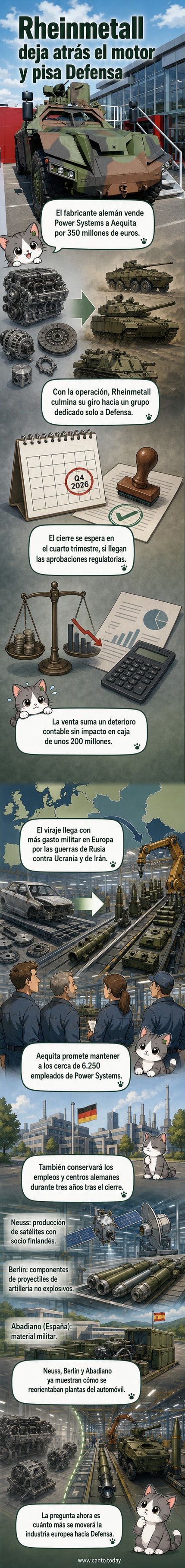 Ilustración de una fábrica con dos secciones: una con vehículos de automoción y otra con equipo militar, simbolizando el giro estratégico de Rheinmetall.