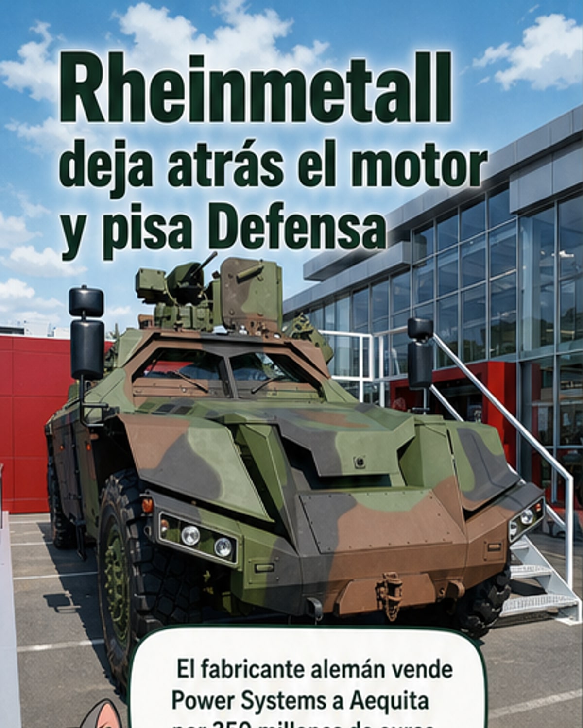 Ilustración de una fábrica con dos secciones: una con vehículos de automoción y otra con equipo militar, simbolizando el giro estratégico de Rheinmetall.