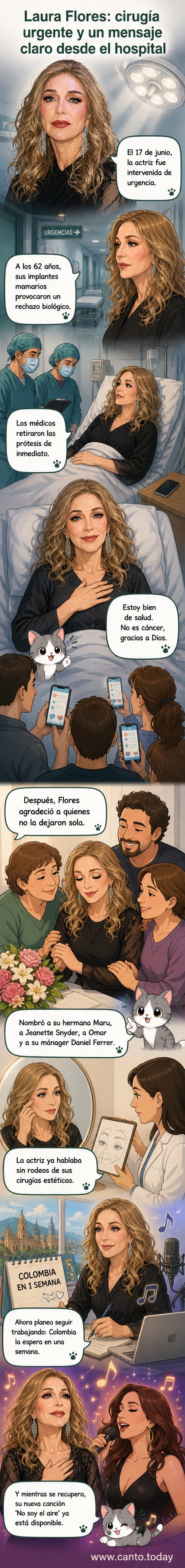 Ilustración de Laura Flores en una cama de hospital, sonriendo con tranquilidad, rodeada de mensajes de apoyo y una pequeña planta como símbolo de recuperación.