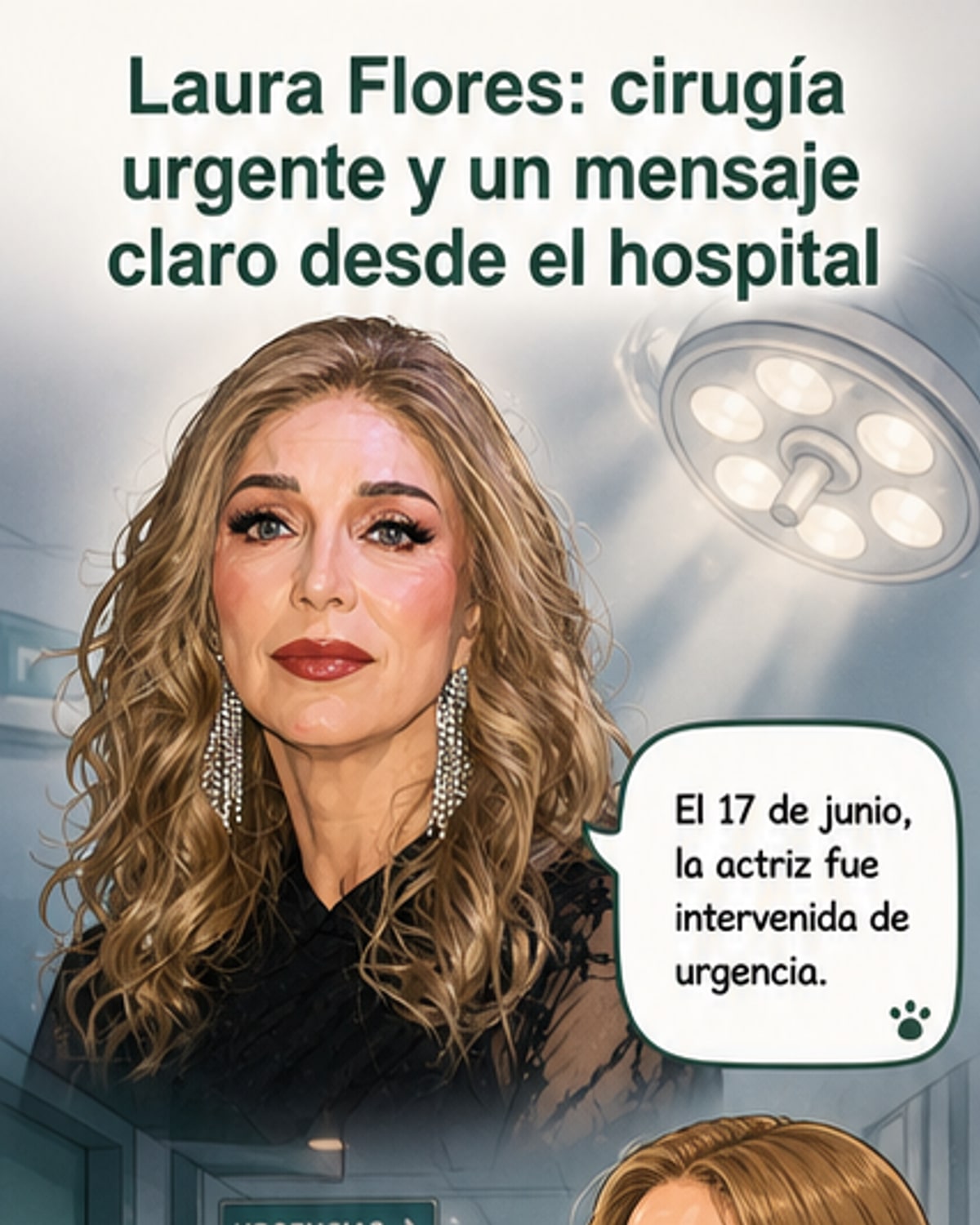 Ilustración de Laura Flores en una cama de hospital, sonriendo con tranquilidad, rodeada de mensajes de apoyo y una pequeña planta como símbolo de recuperación.