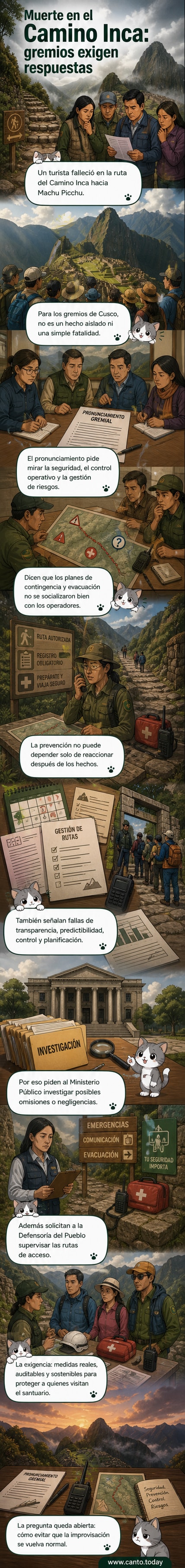 Ilustración de un sendero montañoso con caminantes, bajo un cielo nublado, con señalización de advertencia y figuras de autoridades ausentes.