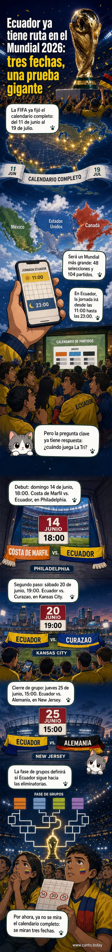 Ilustración de un estadio de fútbol con banderas de Ecuador, Alemania, Costa de Marfil y Curazao, con el horario del Mundial 2026 en el fondo.