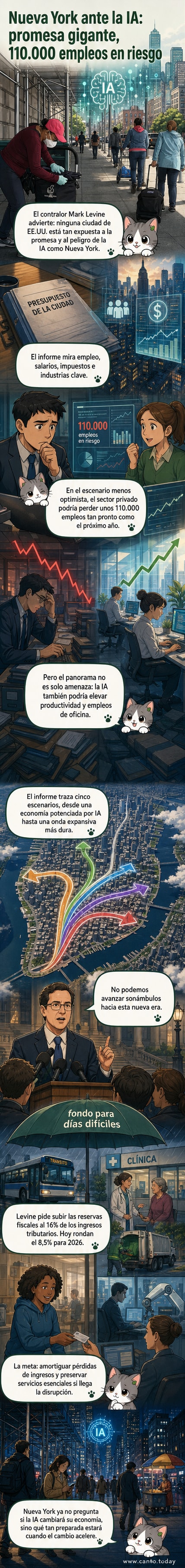Ilustración de una ciudad moderna como Nueva York con empleados de oficina viendo cómo algoritmos y robots toman su lugar, simbolizando el impacto de la inteligencia artificial en el empleo.