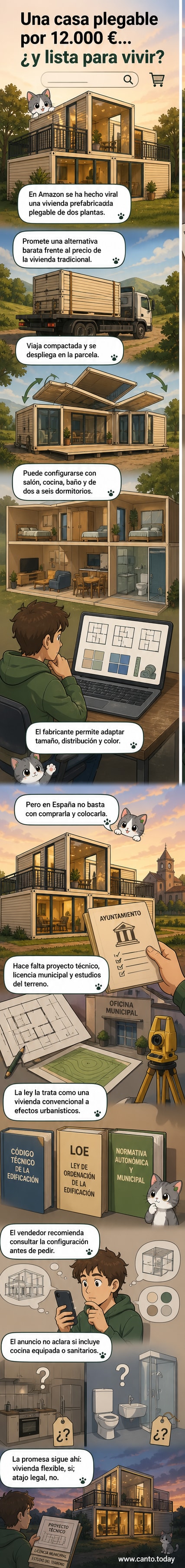 Ilustración de una casa plegable de dos plantas desplegándose en una parcela, con estructura metálica visible y entorno rural.