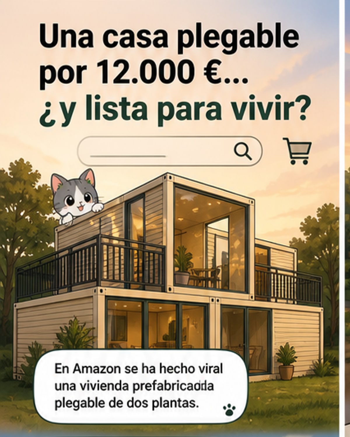 Ilustración de una casa plegable de dos plantas desplegándose en una parcela, con estructura metálica visible y entorno rural.