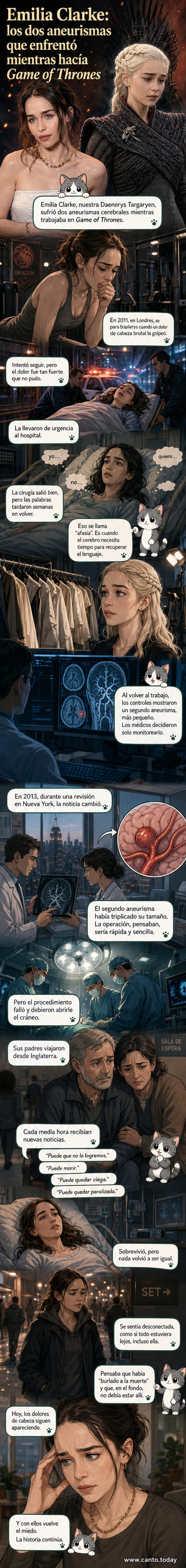 Ilustración de Emilia Clarke con expresión seria, una mano en la cabeza, fondo dividido entre una corona de dragón y un cerebro con zonas marcadas, simbolizando su doble batalla como actriz y sobreviviente de aneurismas.