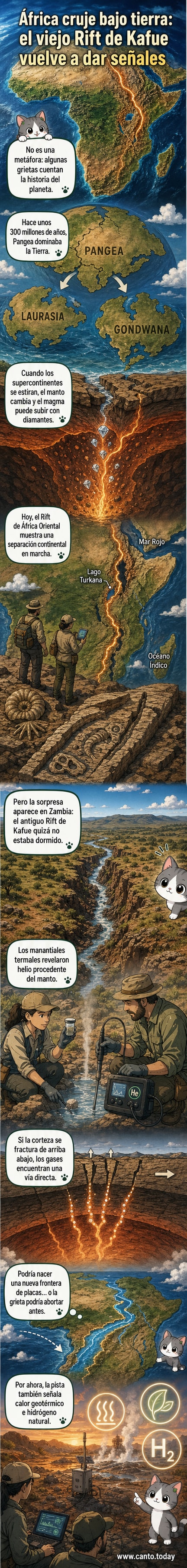 Ilustración de una falla geológica bajo África con gases ascendentes y líneas de fractura activa, mostrando el Rift de Kafue en Zambia.