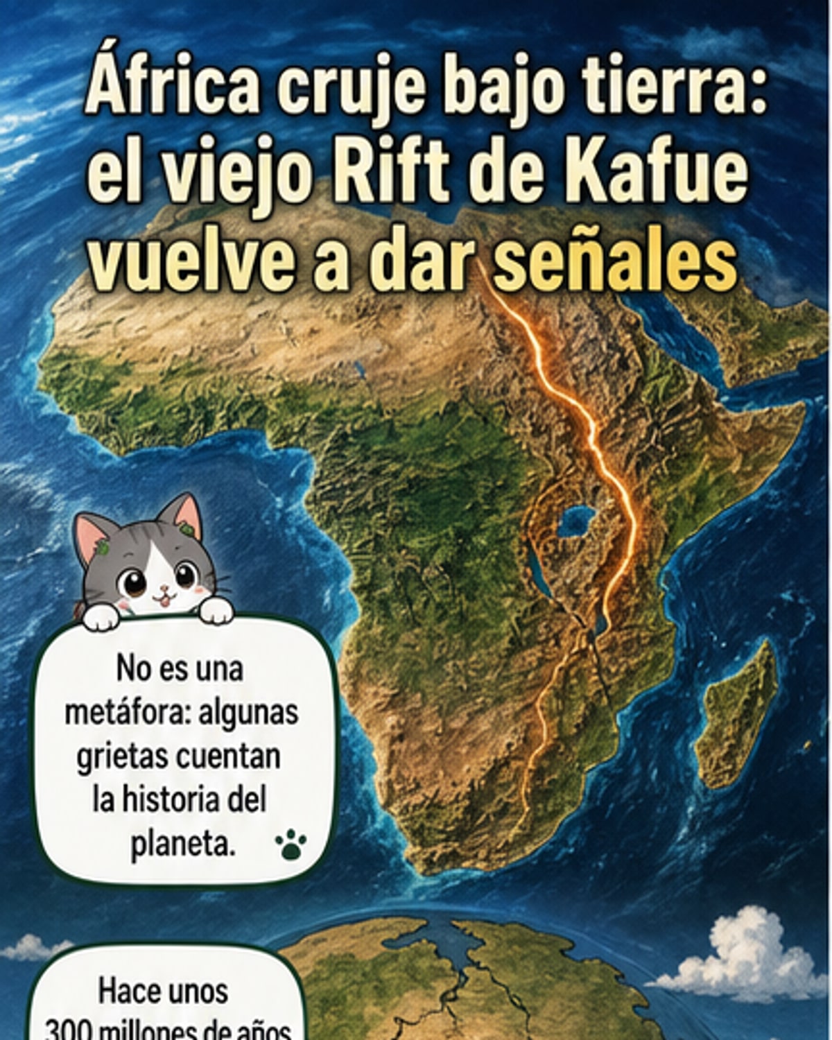 Ilustración de una falla geológica bajo África con gases ascendentes y líneas de fractura activa, mostrando el Rift de Kafue en Zambia.