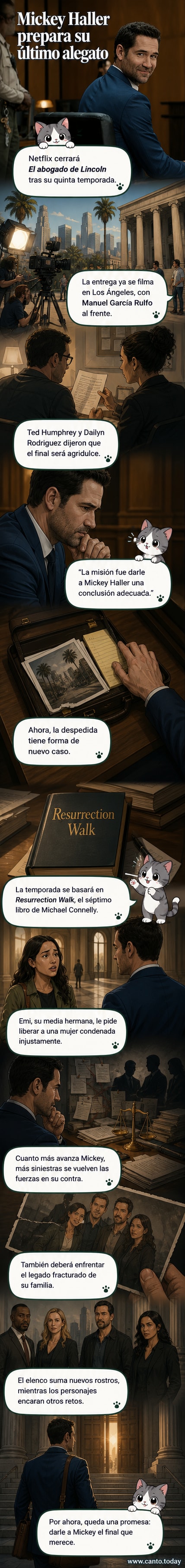 Manuel García Rulfo como Mickey Haller en una escena judicial, con fondo de tribunales y documentos legales, anunciando el final de la serie.