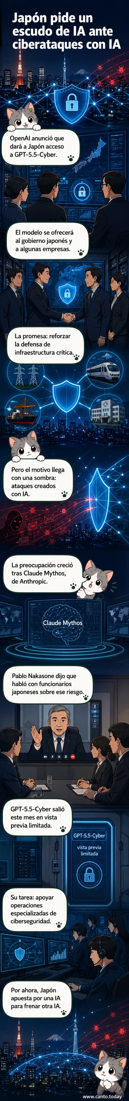 Ilustración de un escudo digital con el logotipo de OpenAI y símbolos de ciberseguridad, protegiendo un mapa de infraestructura japonesa.