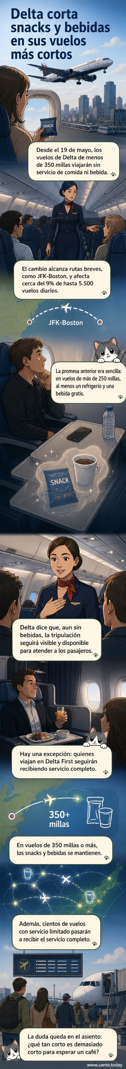 Ilustración de un avión de Delta con una bandeja de comida tachada, mientras pasajeros miran hacia una pantalla con el mensaje 'sin servicio de snacks'.